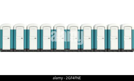 Reihe von tragbaren Toiletten isoliert auf weißem Hintergrund 3d-Rendering Stockfoto