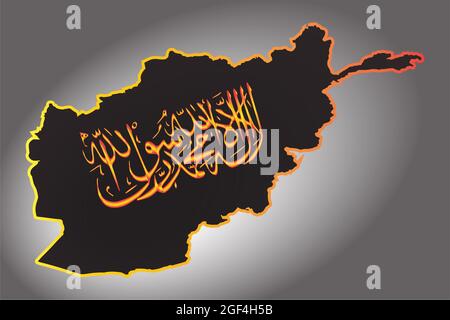 Kalligrafische Schreibweise der Taliban Shahada der Islamischen Republik Afghanistan auf einer Übersichtskarte. Die Inschrift auf schwarzem Hintergrund. Stockfoto