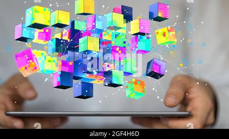 3D-Rendering von kreativen polygonalen Drahtgartentechniken – KI, Cloud, Technologiekonzept Stockfoto