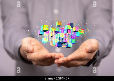 3D-Rendering von kreativen polygonalen Drahtgartentechniken – KI, Cloud, Technologiekonzept Stockfoto
