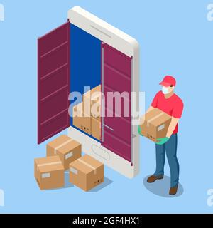 Isometrisches Logistik- und Lieferkonzept. Lieferung nach Hause und ins Büro. City-Logistik. Lager, LKW, Gabelstapler, Kurier, Drohne und Lieferer. Stock Vektor