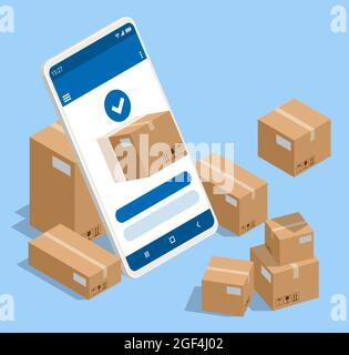 Isometrisches Logistik- und Lieferkonzept. Lieferung nach Hause und ins Büro. City-Logistik. Lager, LKW, Gabelstapler, Kurier, Drohne und Lieferer. Stock Vektor