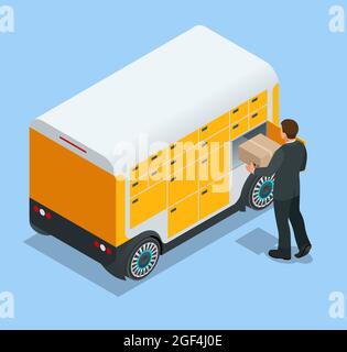 Isometrische Packstation. Die Kette autonomer Poststellen für den Selbstempfang und den Versand von Postpaketen. Dieser Service bietet eine Alternative zu Stock Vektor