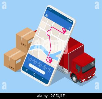 Isometrisches Logistik- und Lieferkonzept. Lieferung nach Hause und ins Büro. City-Logistik. Lager, LKW, Gabelstapler, Kurier, Drohne und Lieferer. Stock Vektor