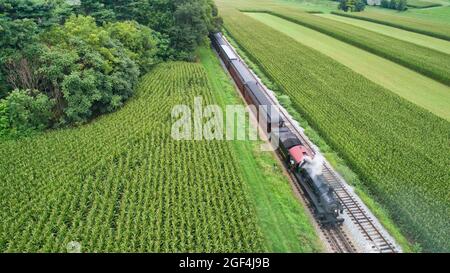 Luftaufnahme einer Dampflokomotive an einem wunderschönen Sommertag durch eine fruchtbare Farmlandschaft reisen Stockfoto