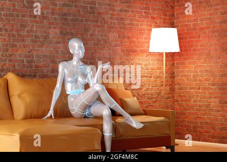 Dreidimensionale Darstellung von Kreisel, die im Wohnzimmer sitzt Stockfoto