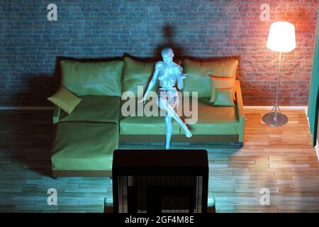 Dreidimensionale Wiedergabe von Gynoid beim Fernsehen im Wohnzimmer Stockfoto