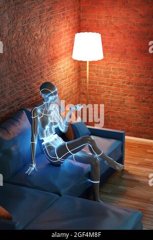 Dreidimensionale Darstellung von Kreisel, die im Wohnzimmer sitzt Stockfoto