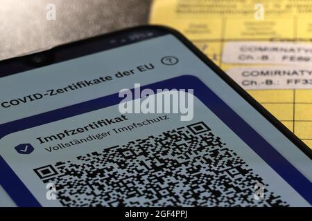 Digitale Dokumentation der ersten und zweiten Impfung mit BioNTech/Pfizer COVID-19 Impfstoffkommission in der deutschen CovPass App Stockfoto