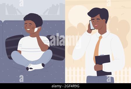 Vater im Gespräch mit Sohn am Telefon, Familie Kommunikation Vektor Illustration. Cartoon beschäftigt Geschäftsmann Elternfigur hält Telefon zu nennen Junge sitzt auf dem Sofa zu Hause, glückliche Vaterschaft Hintergrund Stock Vektor