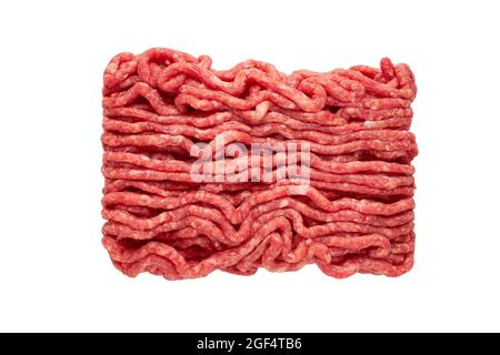 Rohes Hackfleisch, Hackfleisch oder Hackfleisch auf weißem Hintergrund isoliert. Draufsicht Stockfoto