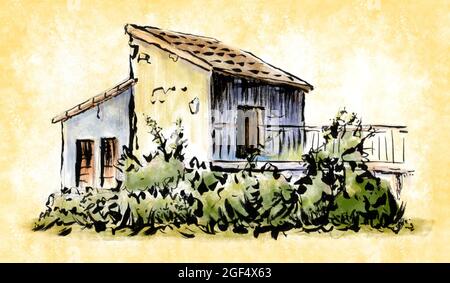 Tintenpinsel und Aquarellskizze eines ländlichen Gebäudes. Traditionelle Illustration auf Papier Stockfoto