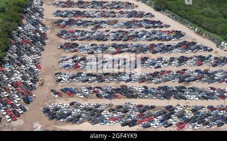 Luftaufnahme von Schrottplatz mit verschiedenen Autos gefüllt Stockfoto