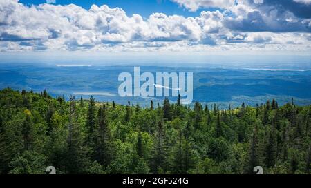 Blick auf Saguenay an einem Sommertag vom Gipfel des Pic de la Hutte, einem Gipfel im Monts Valin Nationalpark (Quebec, Kanada) Stockfoto