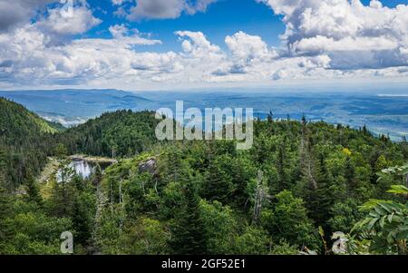 Blick auf Saguenay an einem Sommertag vom Gipfel des Pic de la Hutte, einem Gipfel im Monts Valin Nationalpark (Quebec, Kanada) Stockfoto