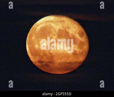 Glasgow, Schottland, 23. August 2021. UK Wetter: Full Sturgeon Moon zeigt sich endlich, wie das gute Wetter zu klareren Stegs und einer kalten Nacht über der Stadt führt. Credit Gerard Ferry/Alamy Live News Stockfoto