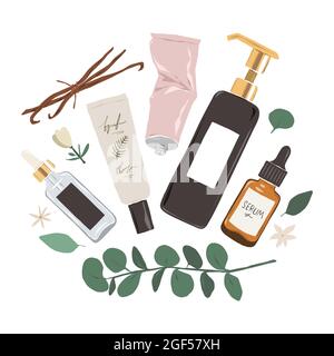 Hautpflege-Behandlungen, Beauty-Produkte Illustration Set, 3 Schritt Hautpflege Routine, Feuchtigkeitscreme, Vitamin-Serum und Augencreme, isolierte Vektor Clip Arts Stock Vektor