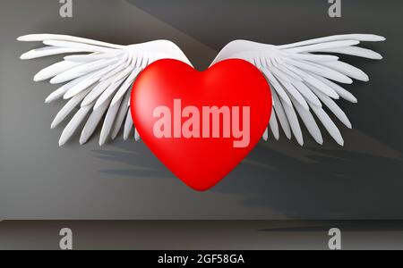 Herzsymbol mit Flügeln im Lichtstrahl. 3d-Rendering Stockfoto