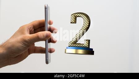 3D-Rendering der zweiten Preisprophäe isoliert auf grauem Hintergrund Stockfoto