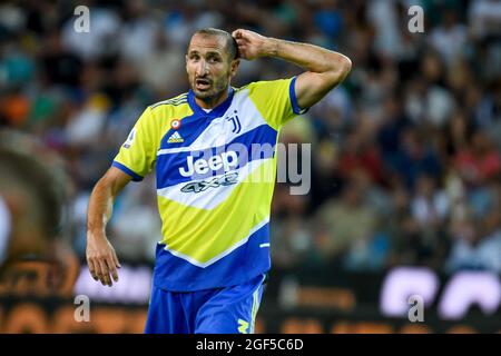 Udine, Italien. August 2021. Giorgio Chiellini (Juventus) Portrait Gesten während Udinese Calcio vs Juventus FC, Italienischer Fußball Serie A Spiel in Udine, Italien, August 22 2021 Quelle: Independent Photo Agency/Alamy Live News Stockfoto