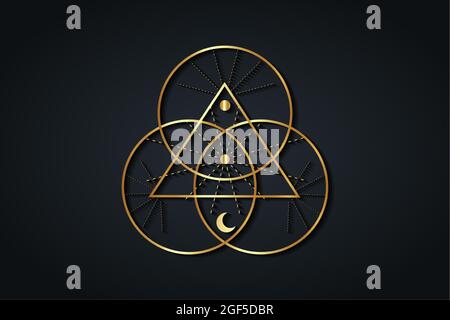 Heilige goldene Geometrie, Dreieck-Logo und überlappende Kreise, Triquetra Trinity Knot-Symbol, Dreifache Göttin, Lichtstrahlen. Wicca-Schild, Buch der Schatten Stock Vektor