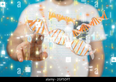 Person, die die virtuelle Projektion der DNA-Probe präsentiert Stockfoto