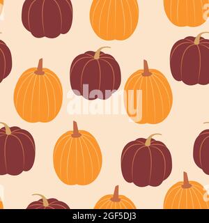 Kürbisse. Herbstsaison. Nahtloses Vektormuster. Cartoon-Stil verschiedene orange und rote Squashes auf beigem Hintergrund. Symbole der Herbstsaison Stock Vektor