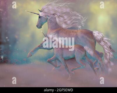 Fantasy Mare und Fohlen Einhorn - EIN Einhorn ist eine legendäre Kreatur, die magische Wälder bewohnt und ein einziges Horn auf der Stirn hat. Stockfoto