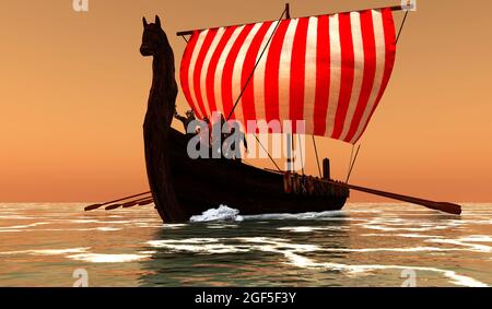 Viking Men and Longship - Wikingermänner versammeln sich am Bug ihres segelnden Longboots, um auf einer Reise nach Land zu schauen. Stockfoto