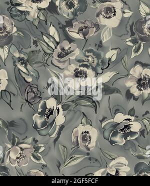 Nahtloses, monochromes Blumenmuster mit Blumen und Blättern Stockfoto