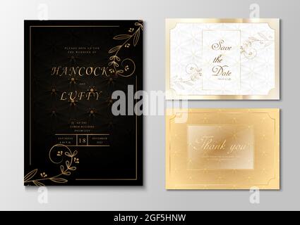 Vorlage für die Einladung zur Goldenen Hochzeit. Hintergrund in Schwarz, Weiß und Gold elegant mit floralem Design. Vektorgrafik.EPS10 Stock Vektor