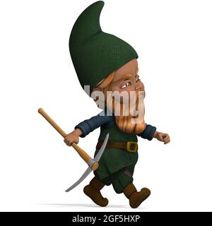 3D-Illustration eines niedlichen und lustigen Cartoon-Gartenzwerg. Isoliertes Rendering-Objekt Stockfoto