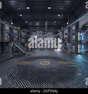 3D-Illustration eines Laderaum in einem Science-Fiction-Raumschiff Stockfoto