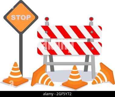 Im Bau mit Symbol Arbeiter halten Stopp oder Straßenschild, Band Warnung, Kegel, Standort Barriere. Hintergrund Vektor Flach Cartoon Illustration Stock Vektor