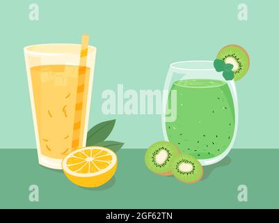 Set von Getränken in verschiedenen Tassen.Orange und Kiwi Fruchtsaft. Flache Vektorgrafik. Stock Vektor