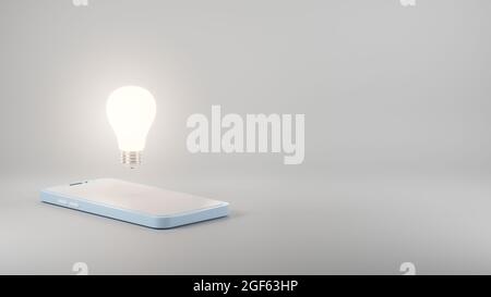 Smartphone goldenes Modell Mock up blaue Farbe mit Glühbirne konzeptionelles Design auf dem Bildschirm isoliert auf grauem Hintergrund, Idee Konzept, 3D-Rendering illustrr Stockfoto