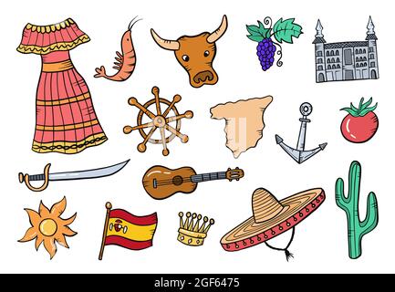 spanien Land Nation Doodle handgezeichnete Set-Kollektionen mit flachen Umriss Stil Vektor-Illustration Stockfoto