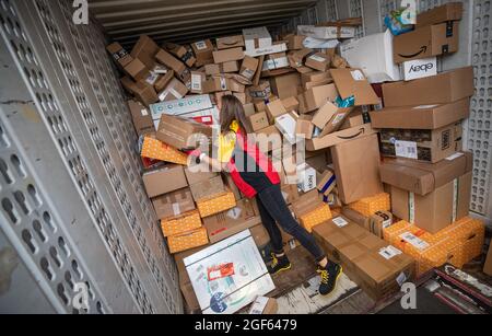 19. August 2021, Baden-Württemberg, Köngen: Adriana Tec, Dispatcher im DHL Paketzentrum in Köngen, verlädt während ihrer Nachtschicht Pakete von einem Lkw auf eine Montagelinie. (An dpa: 'Hohes Paketvolumen im DHL-Distributionszentrum - Corona oder nicht') Foto: Christoph Schmidt/dpa Stockfoto