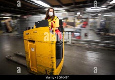 19. August 2021, Baden-Württemberg, Köngen: Adriana Tec, Dispatcher im DHL Paketzentrum in Köngen, fährt in ihrer Nachtschicht eine Stablere durch das Paketzentrum. (An dpa: 'Hohes Paketvolumen im DHL-Distributionszentrum - Corona oder nicht') Foto: Christoph Schmidt/dpa Stockfoto