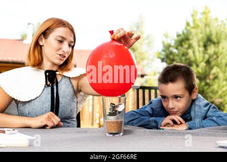 Mutter und Sohn machen zu Hause physikalische Experimente. Eine Erfahrung mit einem Kind darüber, welcher der Kugeln leer ist oder mit Wasser, wird schneller platzen Stockfoto