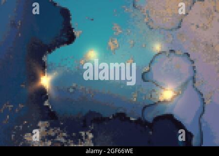 Moderner aquamarinblauer und goldener Hintergrund mit Farbspritzern und goldenem Glitzer Stock Vektor