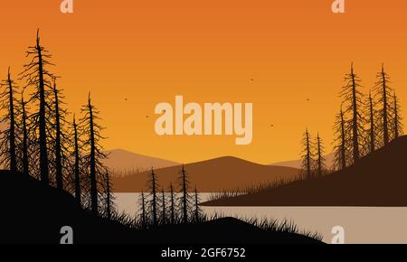 Fantastische Aussicht auf die Berge vom Flussufer in der Abenddämmerung mit ästhetischen trockenen Baumsilhouetten. Vektordarstellung einer Stadt Stock Vektor