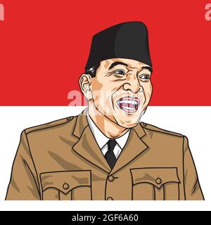 Soekarno der erste Präsident der Republik Indonesien. Vektor-Porträt mit indonesischen Flagge Hintergrund. 24. August 2021 Stock Vektor