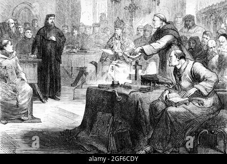 Gravur des Reformators John Wycliffe vor Gericht im Blackfriars Monastery, London, 1382. Holzstich, 19. Jahrhundert. Stockfoto