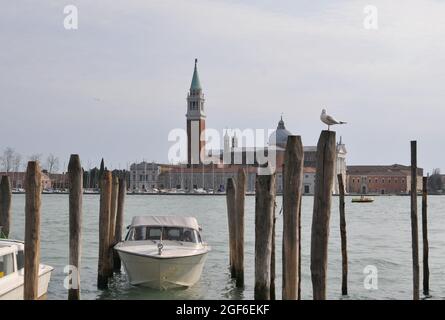 Holzsäulen In Der Nähe Der Kirche San Giorgio Maggiore In Venedig, Italien Stockfoto