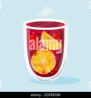 Ein Glas Glühwein mit Orangen, Zimt, Anise und Beeren. Vektorgrafik. Stock Vektor