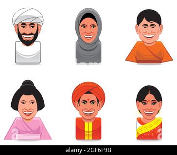 Vektor-Illustration Avatar Welt Menschen Symbole (stereotype Darstellung von Menschen aus arabien, japan und indien) Stock Vektor