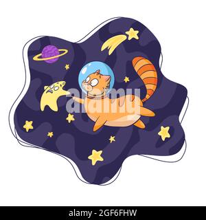 Cartoon-Illustration: Katze-Kosmonauten und Stern im Weltraum. Handgezeichnete Tier-Astronaut berühren Sternenskizze für Logo, Kinderzimmer Dekor, Kinder Grafik T-Shirts, Drucke, Aufkleber Stock Vektor