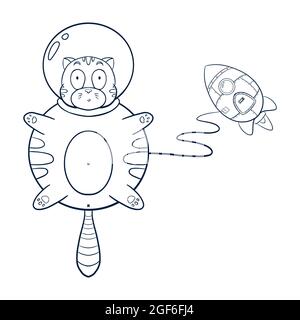 Line Art Cat Astronaut Fliegen mit Rakete Illustration. Lustige kosmische Tier Skizze für Logo, Kinder Grafik Tees, Drucke, Aufkleber, Malbuch und Kinderzimmer Dekor Stock Vektor