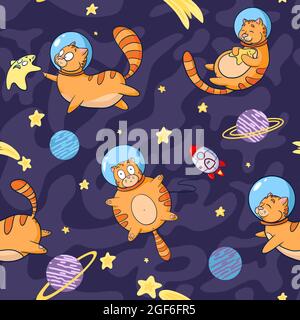 Kosmische Katzen Nahtloses Muster. Adorable Cat Astronauts in Space Ornament für Geschenkpapier, Textilien, Wohnkultur, Tapete, Babytuch, Einladungen oder Verpackungsdesign, Poster Stock Vektor